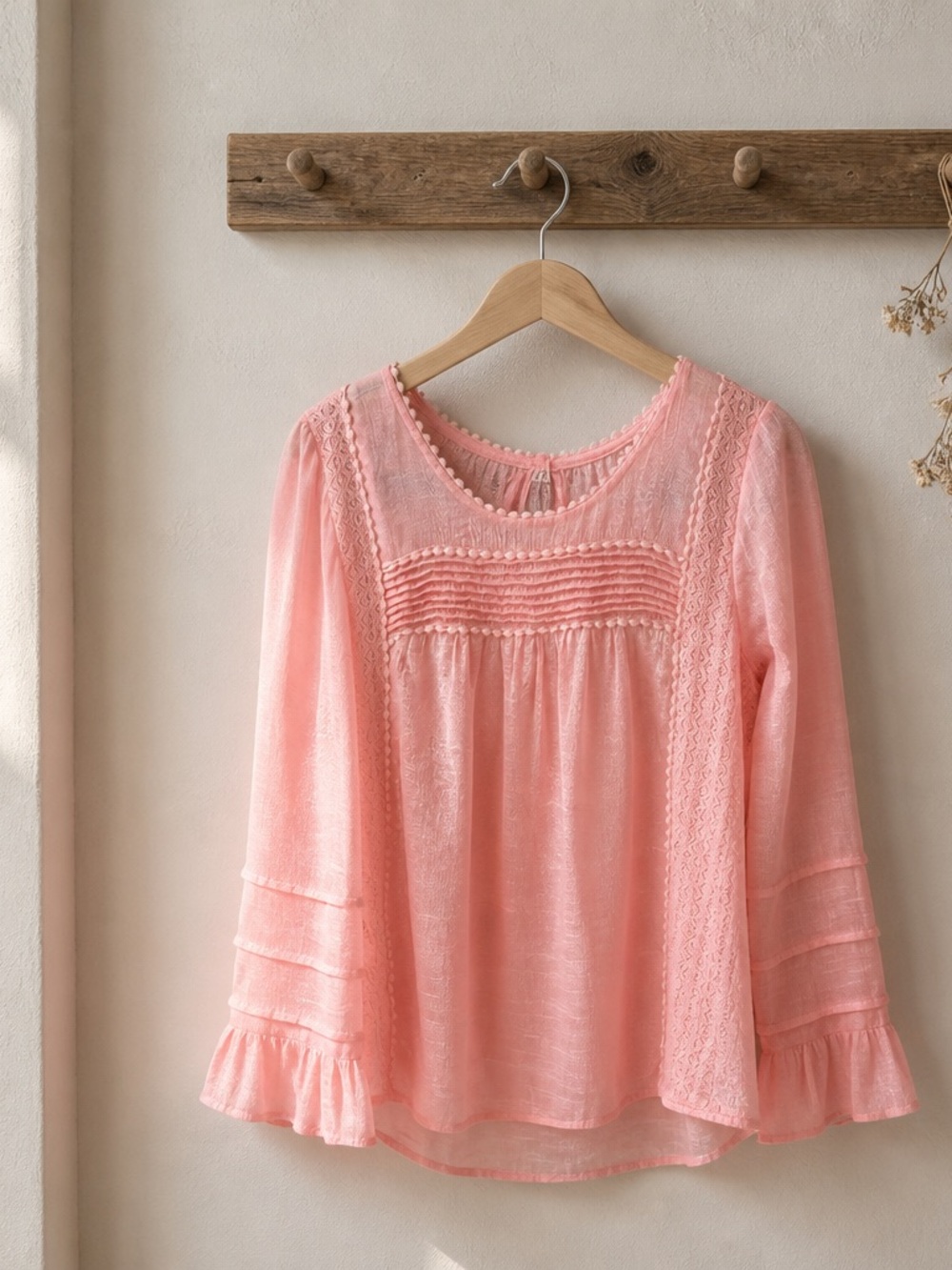 Kori Soft Blush Pink Lace-Detail Peasant Top